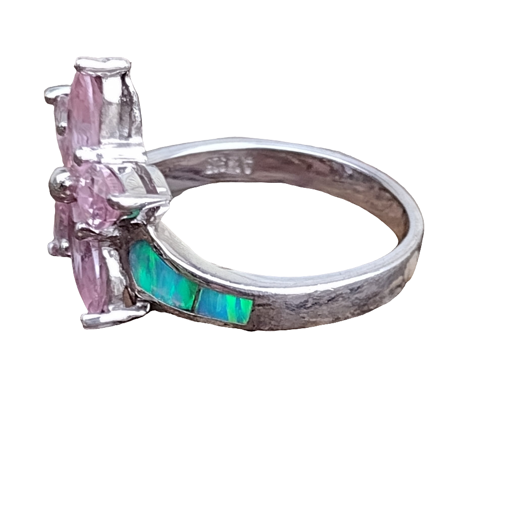 Sterling silver ring signed AK opal and pinkstones size 8