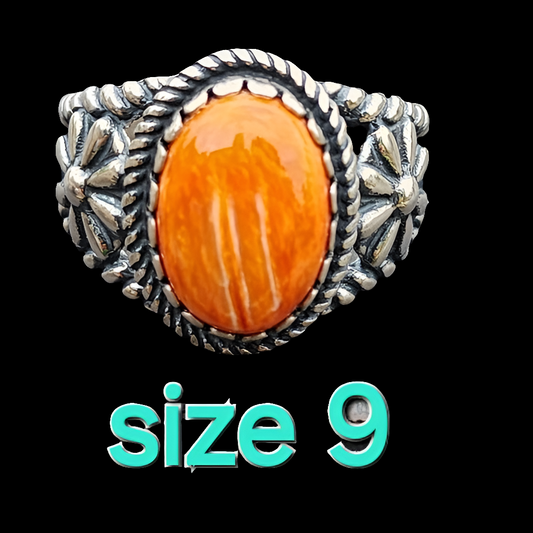 Relios Carolyn Pollack Sterling silver ring with orange Spiny oyster sz 9