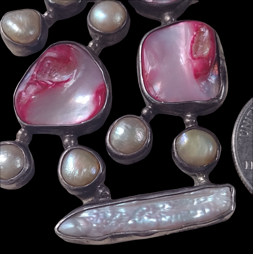 One of a kind sterling silver pendant with real pearls and pink mother of pearl