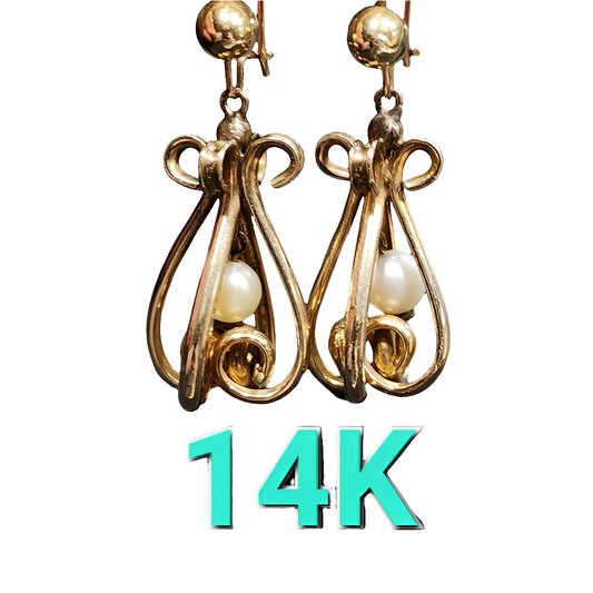 14k karat yellow gold pearl dangle earrings 7.1 grams