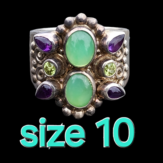 Sterling silver Sajen ring amethyst green jade cabachon size 10 fine jewelry
