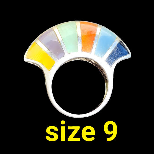 sterling silver multi Gem and laid ring modernist chunky size 9 Mid Century