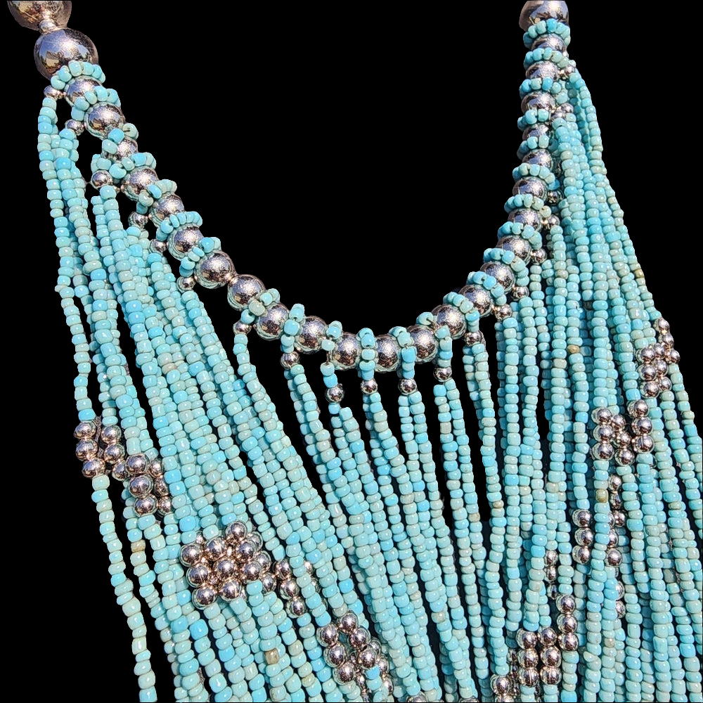 Fashion jewelry necklace silver tone turquoise blue bib multi strand beaded