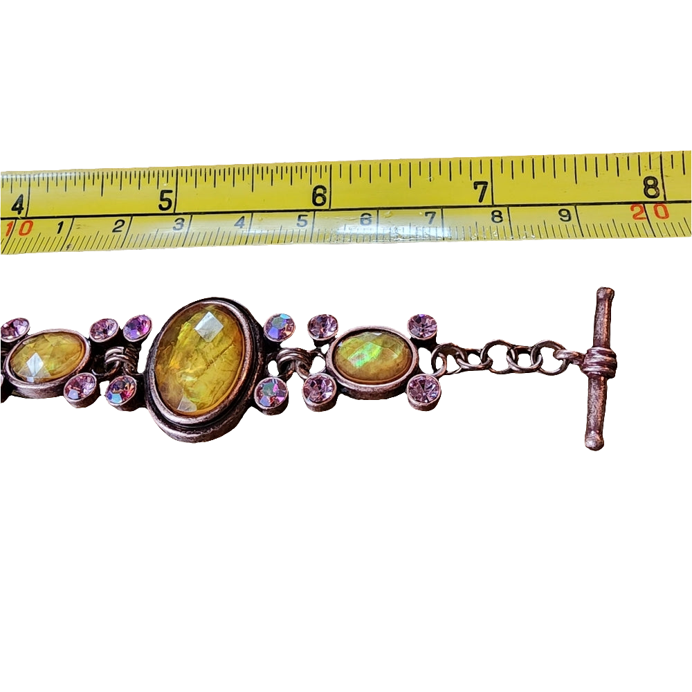 Pink copper Aurora borealis pink and yellow rhinestone link bracelet fashion