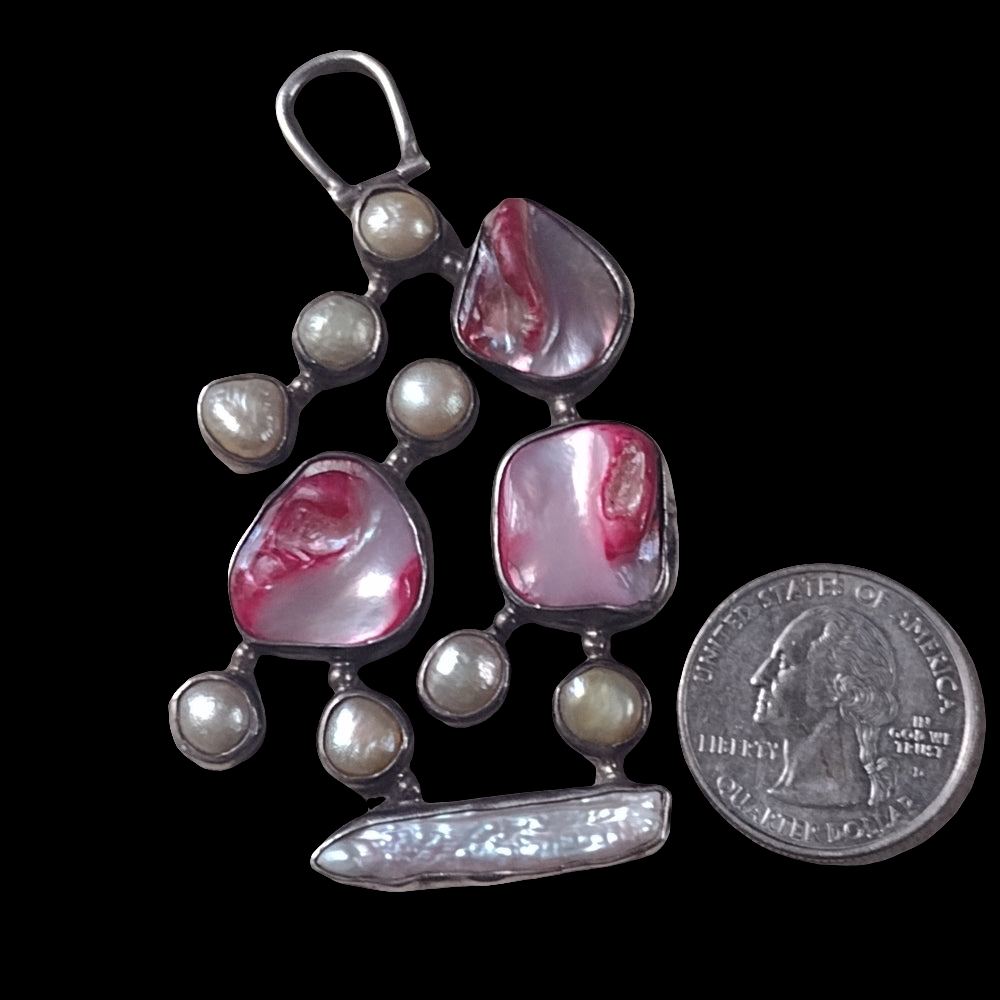 One of a kind sterling silver pendant with real pearls and pink mother of pearl