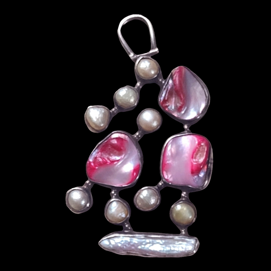 One of a kind sterling silver pendant with real pearls and pink mother of pearl