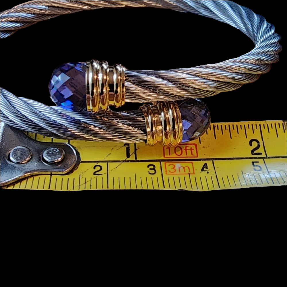 Designer T&T Stainless steel twist cable bracelet silver gold tone purple stone