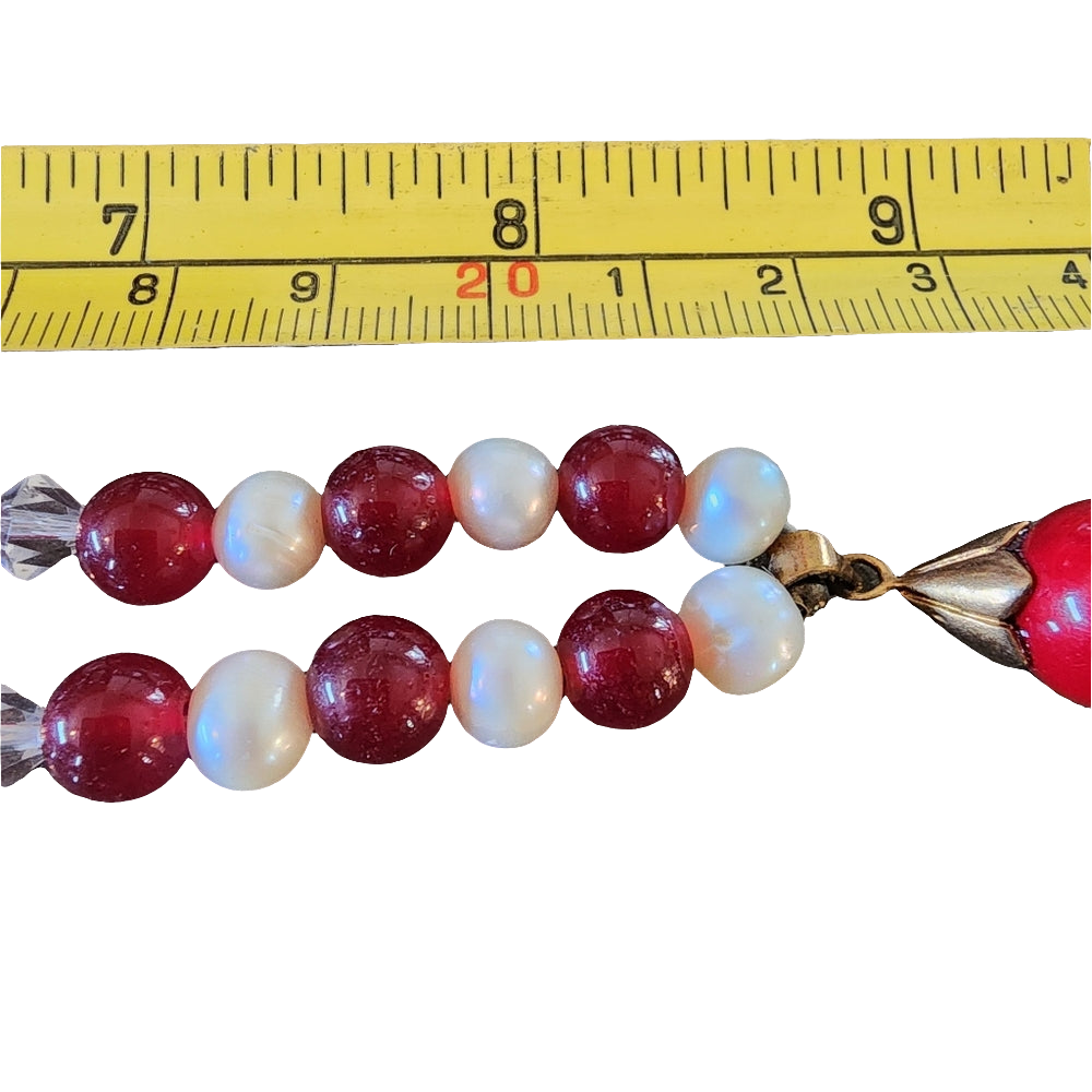 Real pearl necklace hand knotted with red beads and stone pendant 18k gold plate