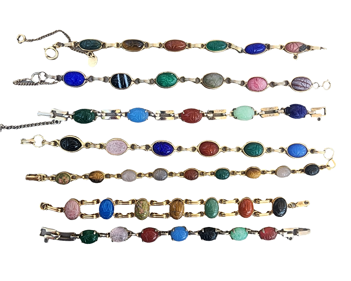 Lot of jewelry 7 carvedscarab bracelets w hieroglyphics Egyptian