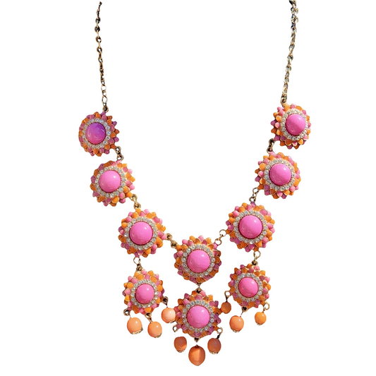 Fashion Costume Jewelry  pink orange & rhinestone Necklace Gold tone Barbie core