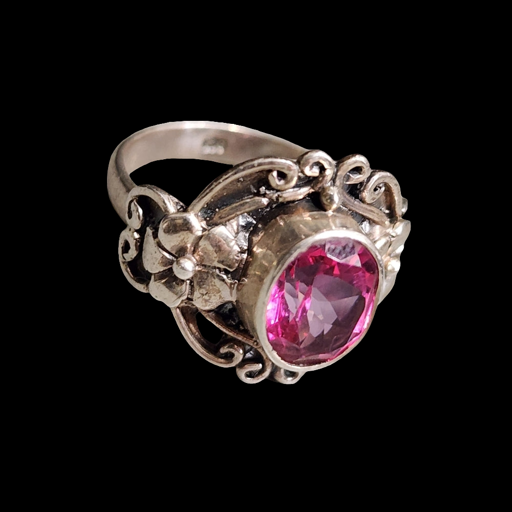 Sterling silver ring with flowers and pink stone size 8 Barbiecore jewelry