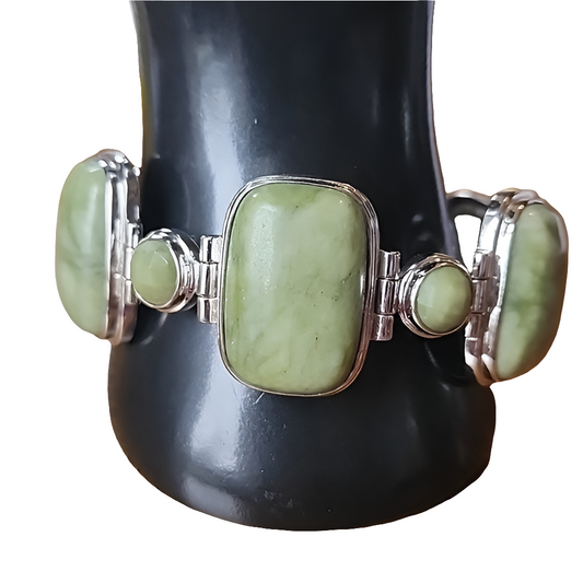Sterling silver chunky green stone link bracelet  statement unisex jewelry 9"