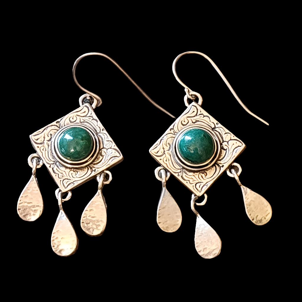 Sterling silver drop dangle fish hook earrings green stone Fine Jewelry PZ Israel