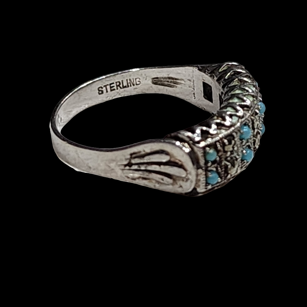 Art Deco sterling silver turquoise and marcasite petite ring size 5.5