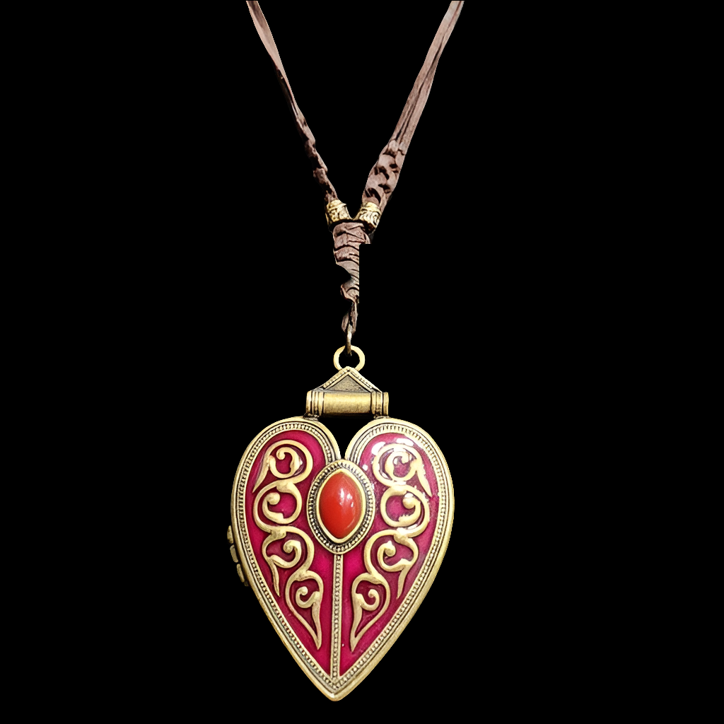 Huge red brass heart locket pendant necklace costume fashion jewelry