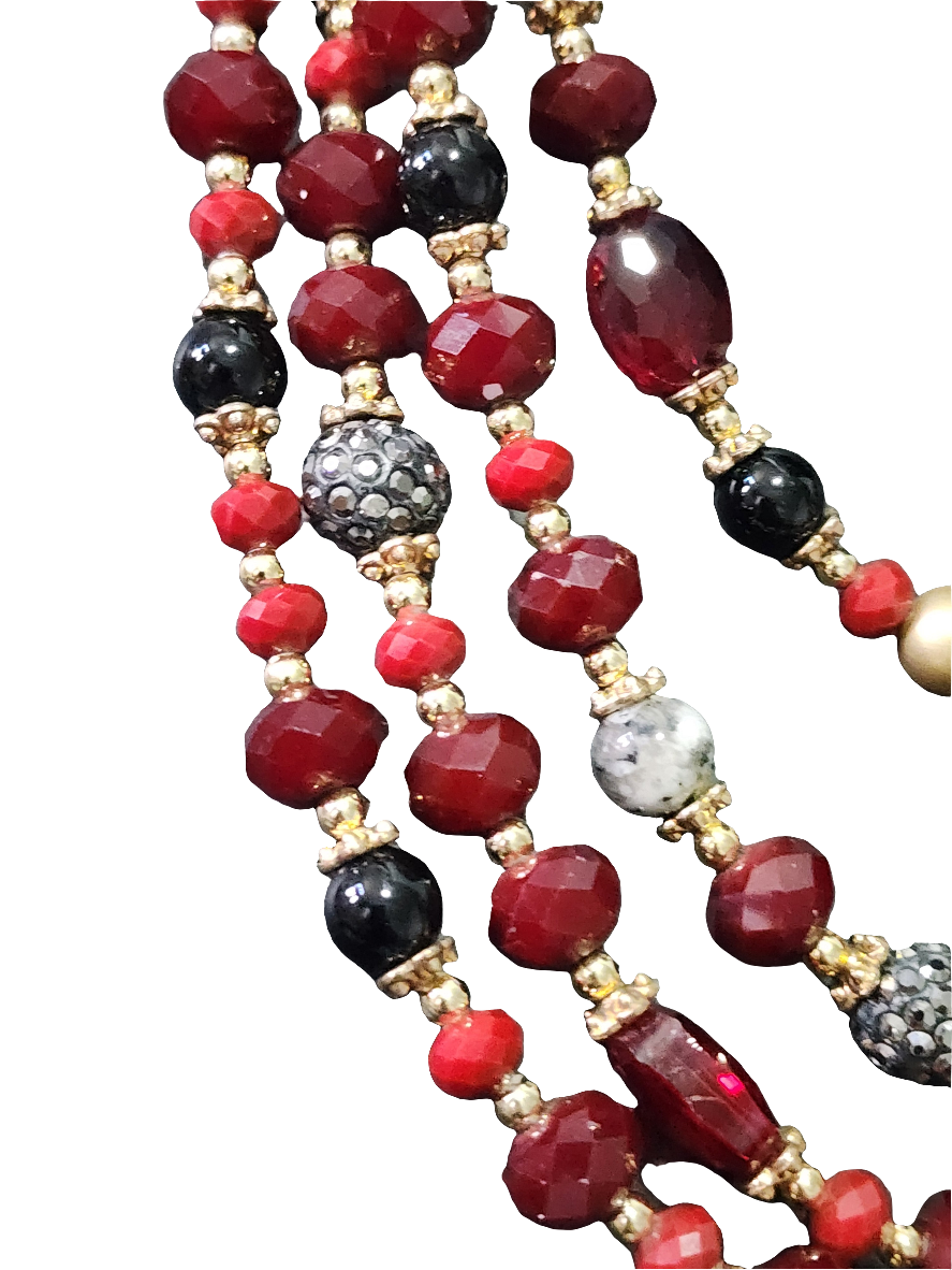 4 strand red glass & rhinestone beaded necklace