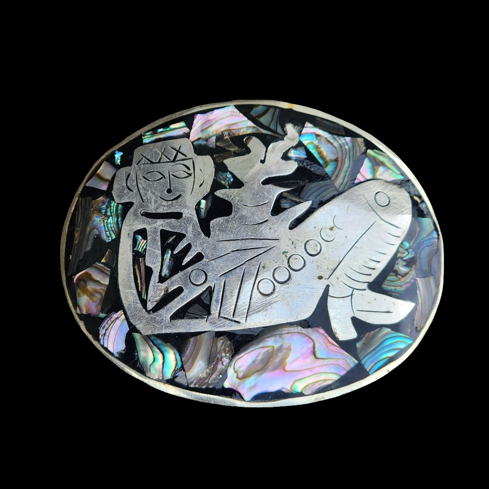 Vintage mother of pearl inlay Mexican belt buckle with figure