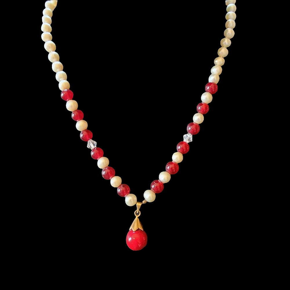 Real pearl necklace hand knotted with red beads and stone pendant 18k gold plate