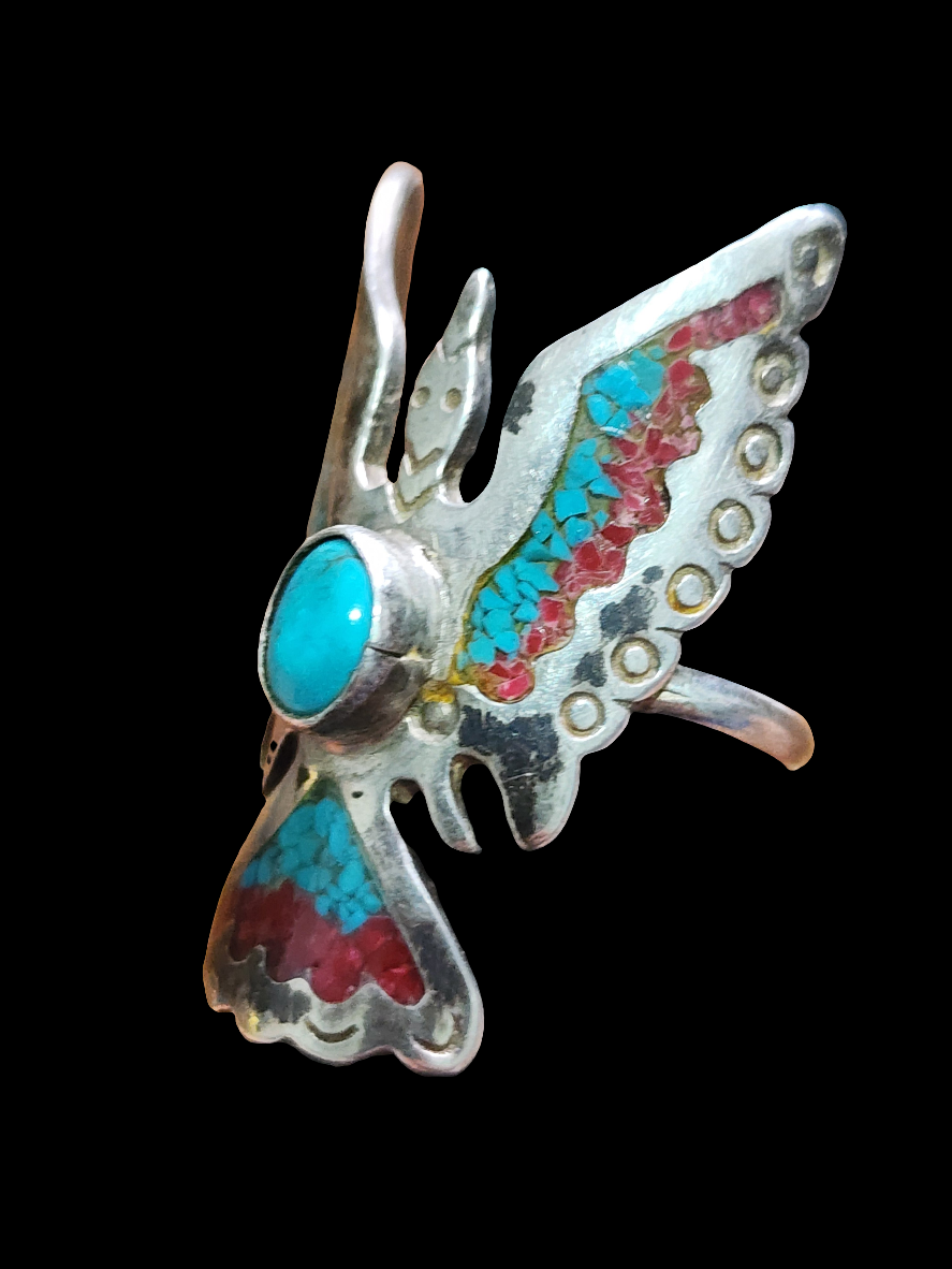 Native american sterling silver thunderbird ring size 7.75 Turquoise And coral
