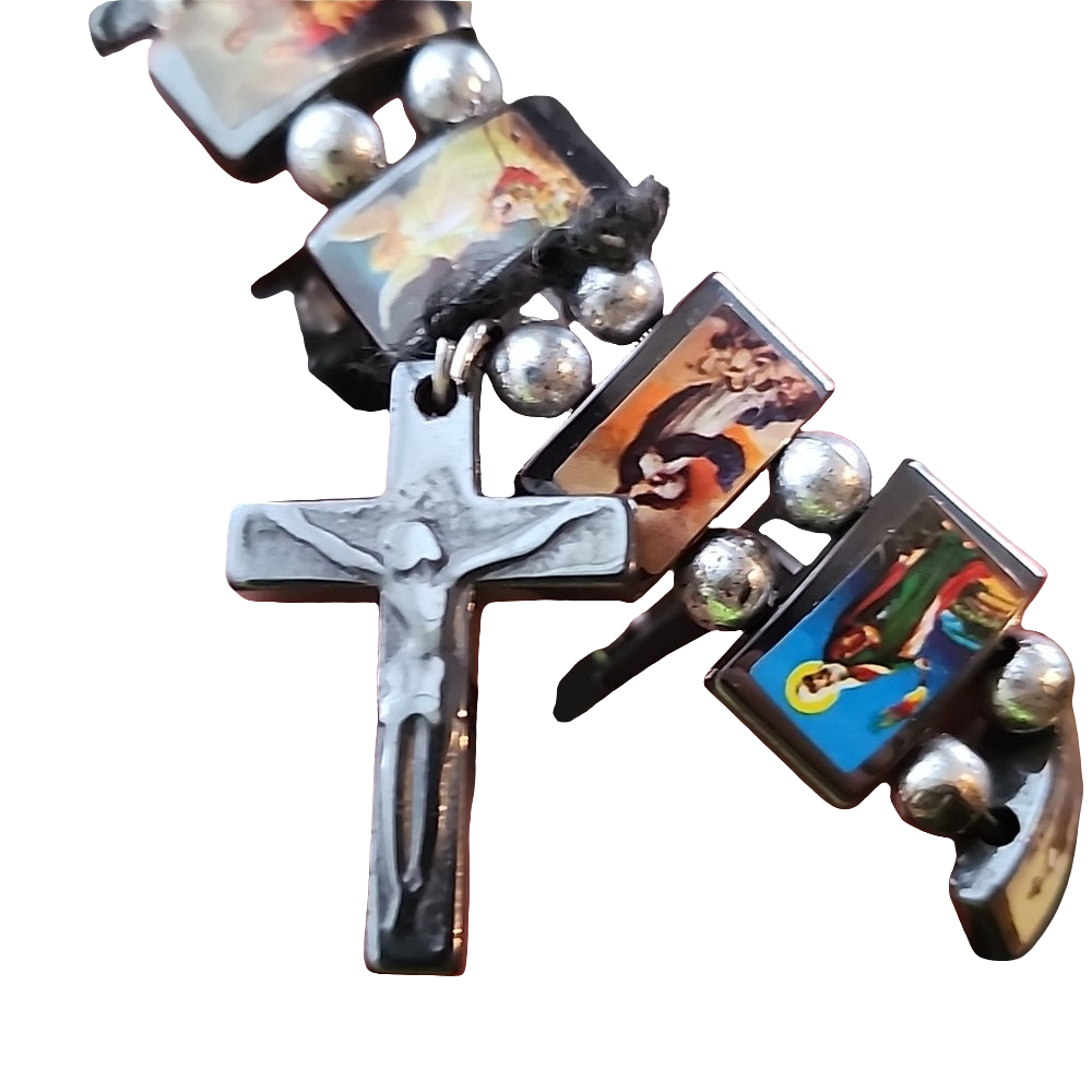Religious picture hematite stretch bracelet mother Mary angle cross charm