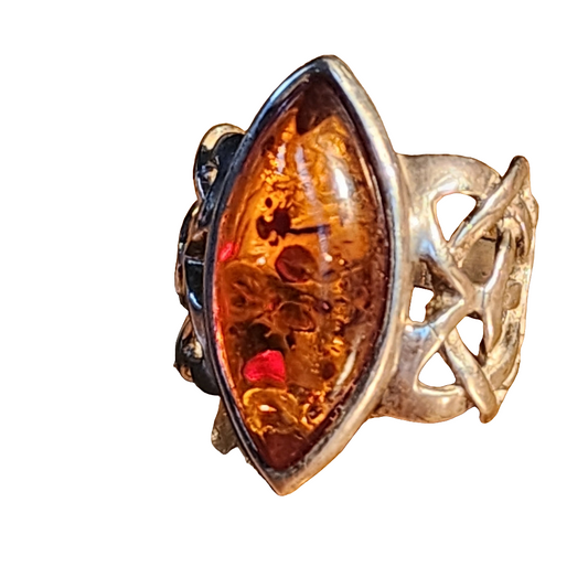Vintage Sterling silver Amber ring ornate design size 5 organic jewelry