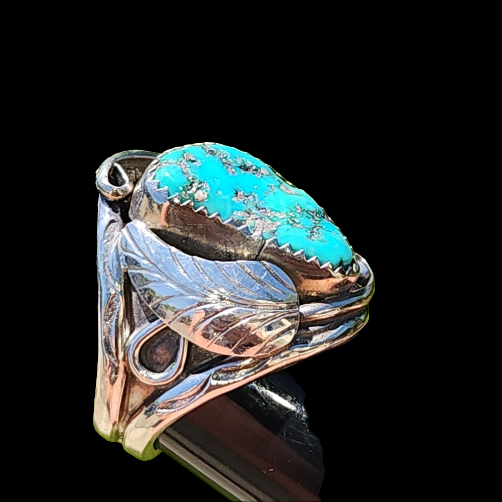 Sterling silver native american turquoise ring with leafy design size 10 unisex