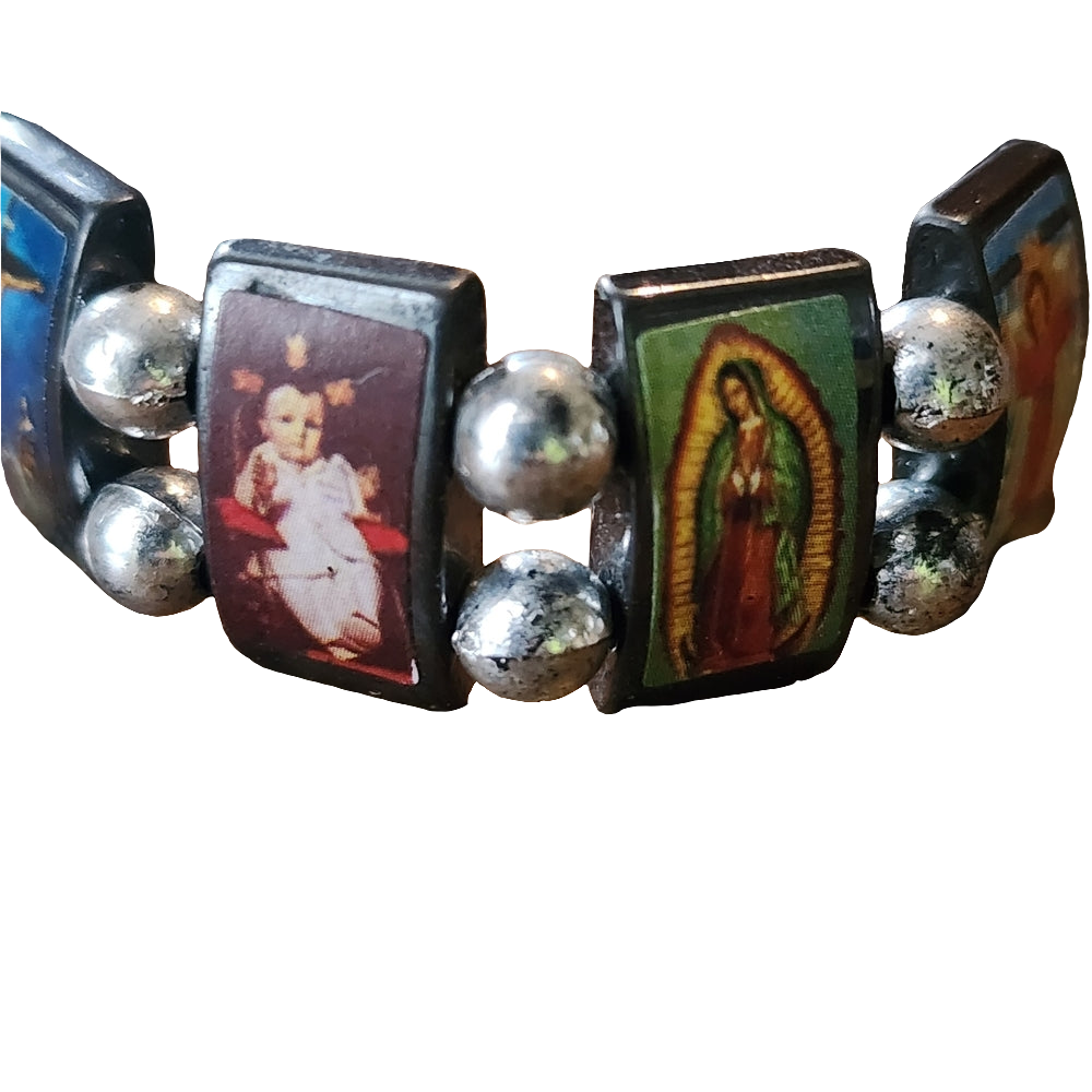 Religious picture hematite stretch bracelet mother Mary angle cross charm