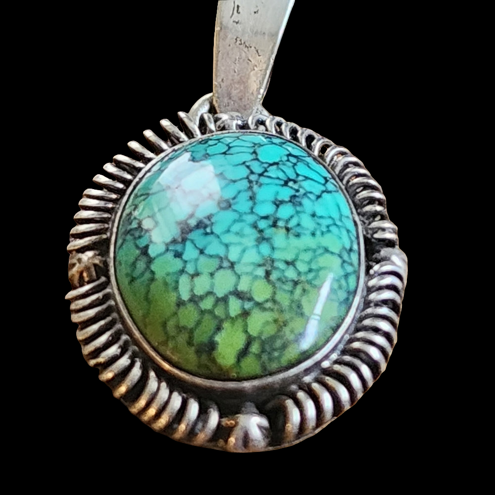 Vintage Native American Turquoise pendant by T Benally Navajo jewelry spider web