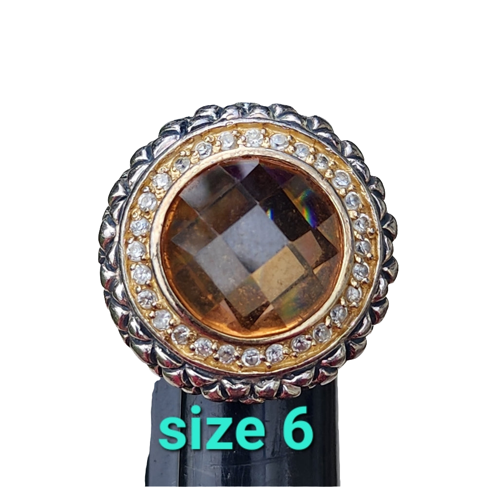 Sterling silver ring with Yellow Orange and diamonds Dome top size 6