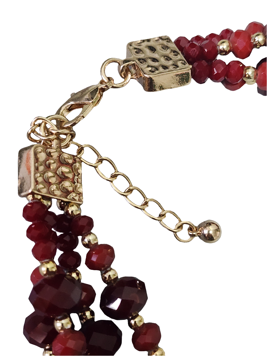 4 strand red glass & rhinestone beaded necklace