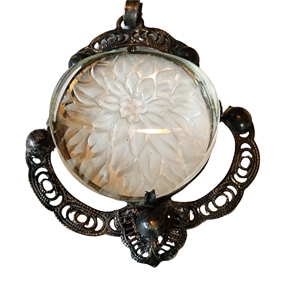 Lalique type antique reverse carved flower  floral scarf clip filigree art deco