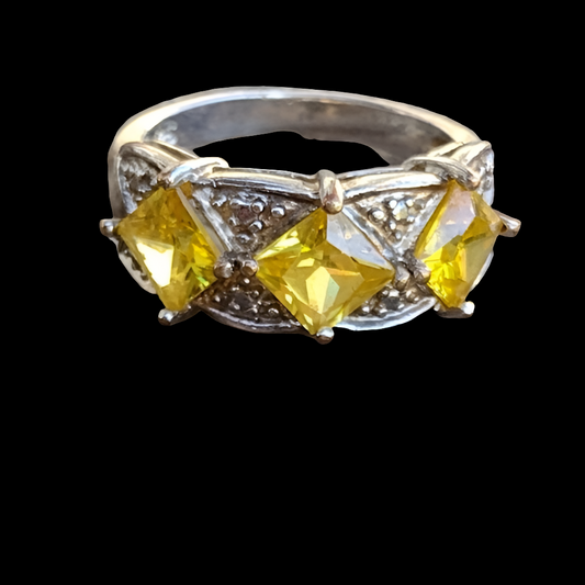 Sterling silver 925 cocktail ring with marcasite and citrine yellow size 8.5