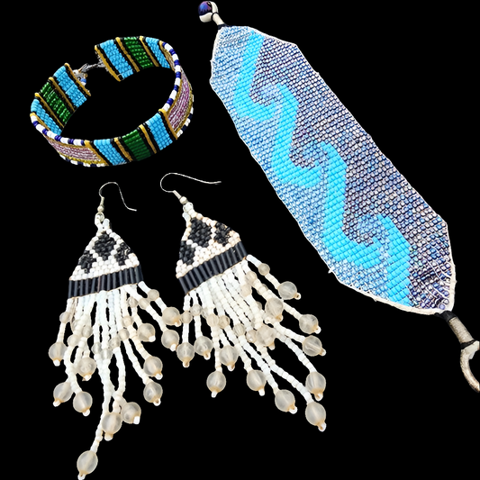 A lot of handmade beadwork jewelry one pair of earrings 2 bracelets