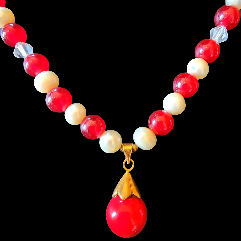 Real pearl necklace hand knotted with red beads and stone pendant 18k gold plate
