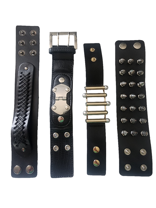 Lot of 4 black leather type snap bracelets unisex
