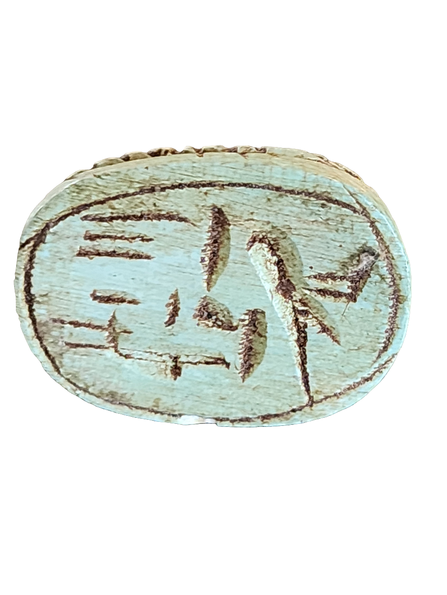 Egyptian Scarab Blue carved Amulet with hieroglyphics