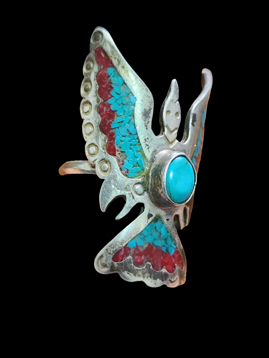 Native american sterling silver thunderbird ring size 7.75 Turquoise And coral