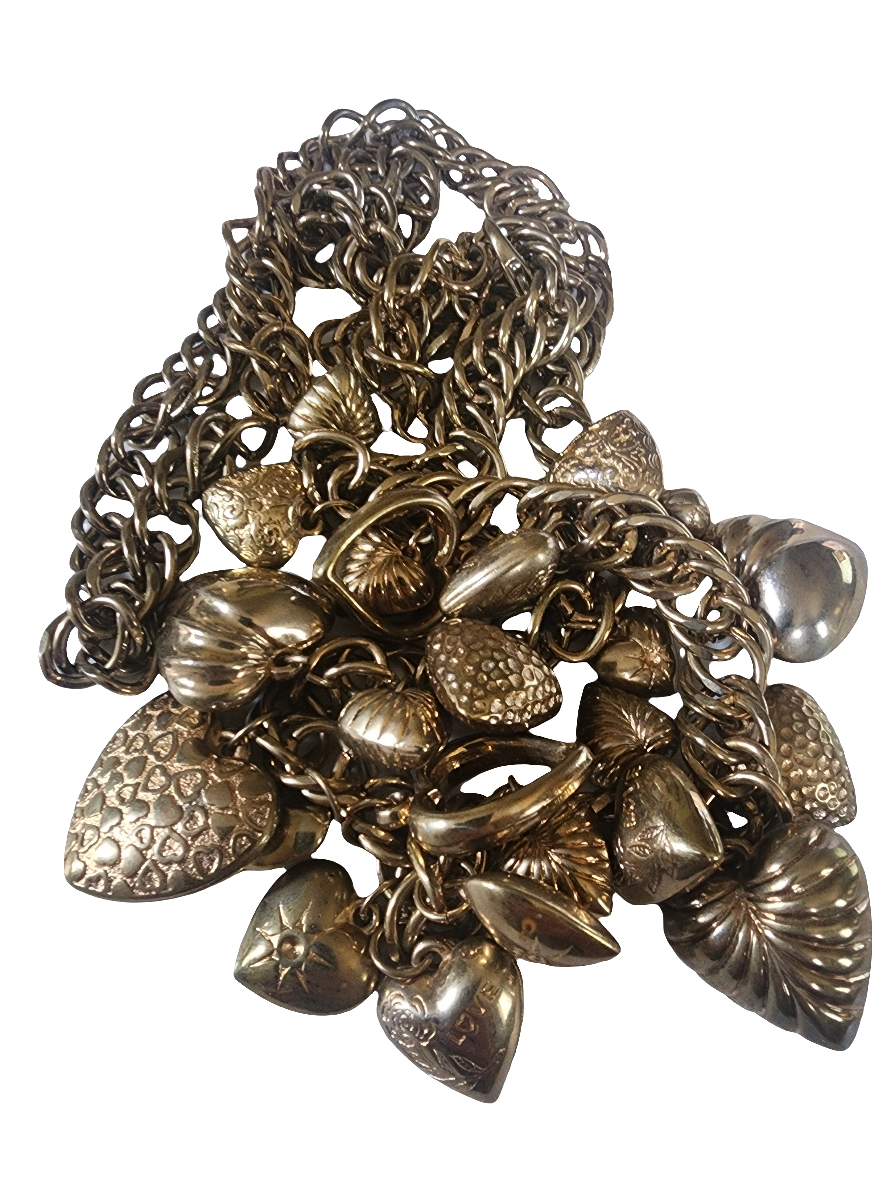 Dangle puffy  heart gold tone belt