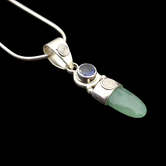 Sterling silver Sajen green jade cabachon amethyst pendant 925 Italy necklace