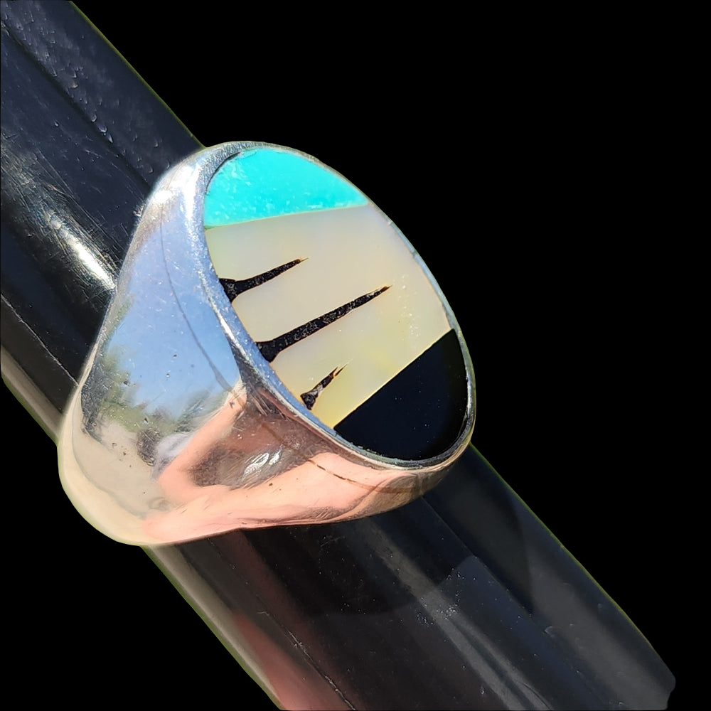 Sterling silver native americartist signed YZ Zuni chunky inlay ring siz…