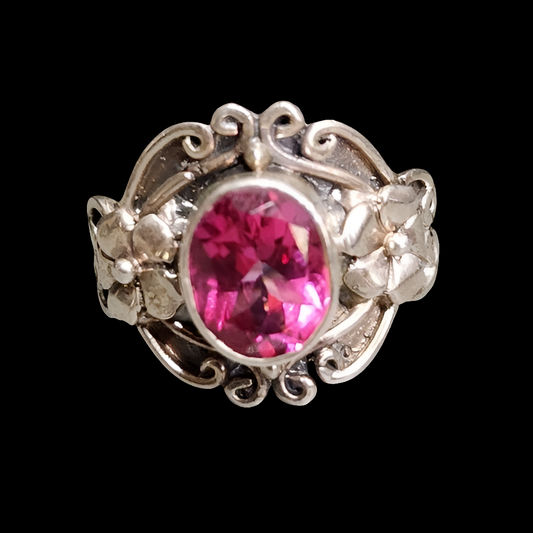 Sterling silver ring with flowers and pink stone size 8 Barbiecore jewelry