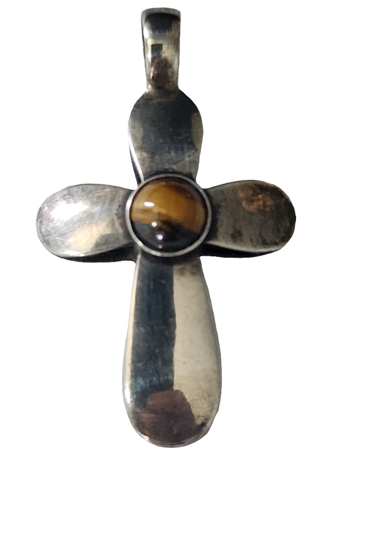 sterling silver cross made in Israel with tiger eye stone