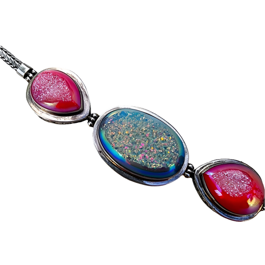 Sterling silver bracelet with pink and blue druzy quartz 7.5 in Long