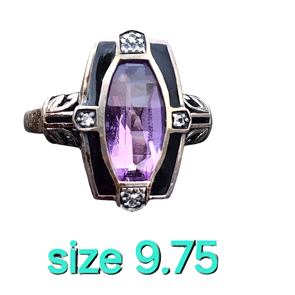 Sterling Silver purple Amethyst black enamel ring size 7.75 unisex fine Jewelry