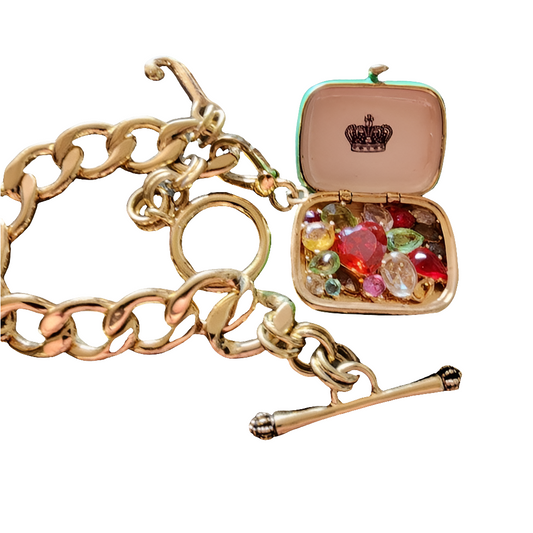 Juicy Couture gold tone charm bracelet green locket purse charm w rhines…