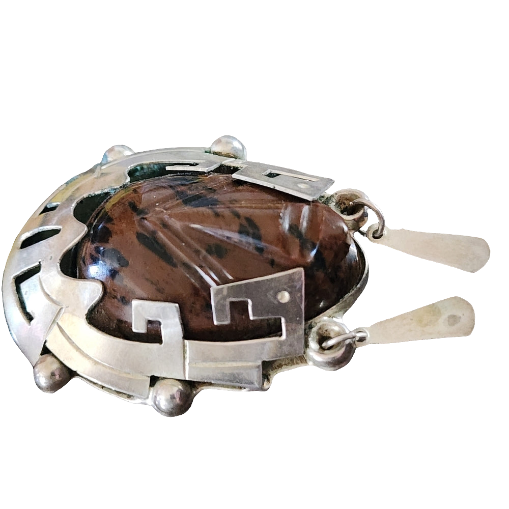 Vintage Mexican sterling silver carved stone face tribal mask pendant brooch pin