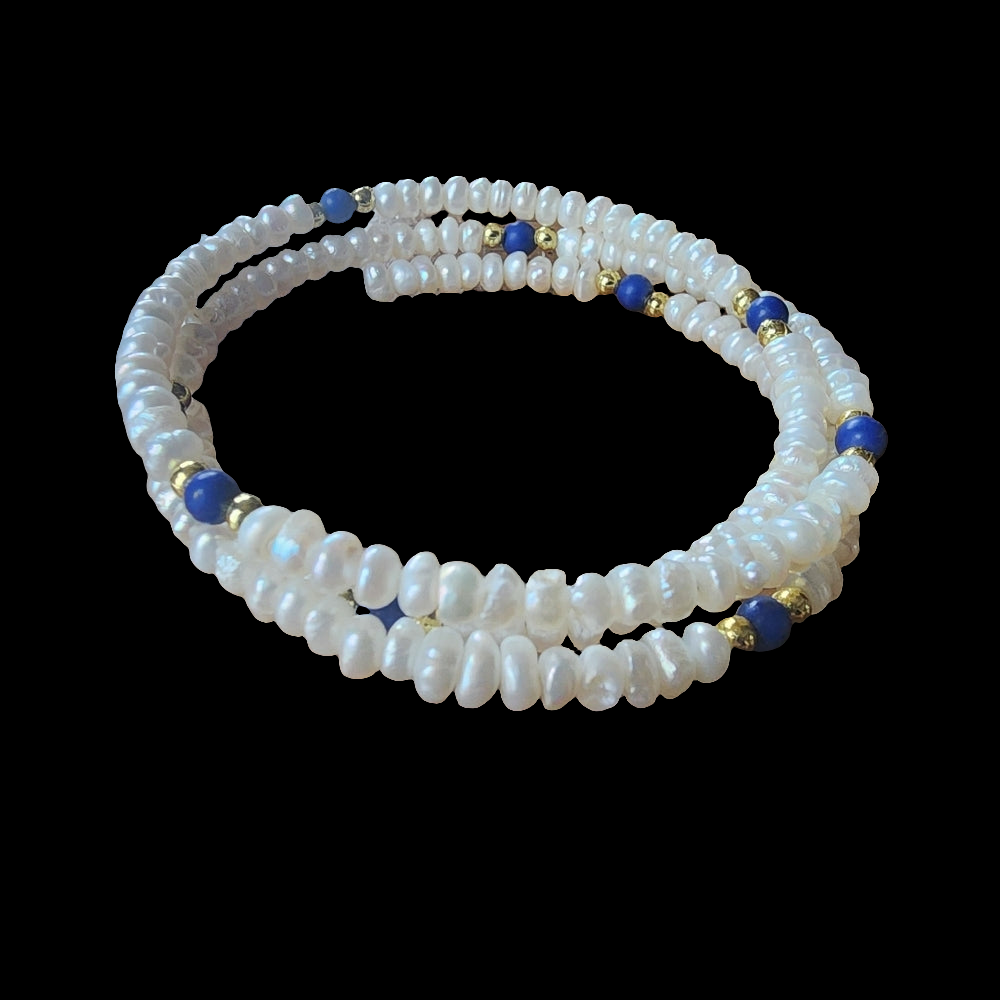 Freshwater Pearls and blue lapis layered look slip on bracelet Fine Jewelry