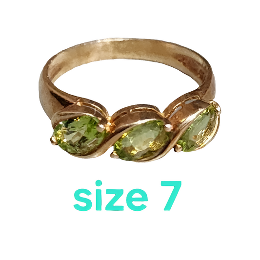 Sterling silver gold vermeil ring with 3 green stones size 7 turkey jewelry