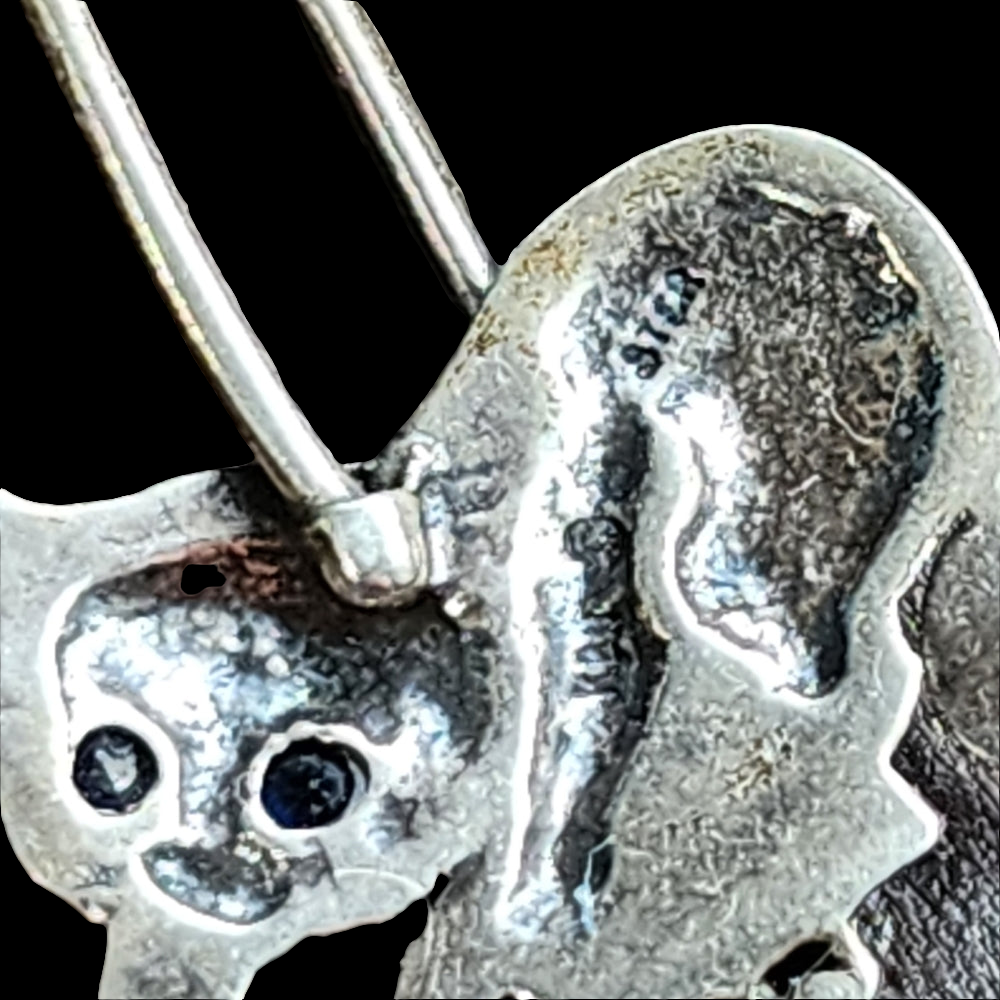 Vintage sterling silver kitty cat pendant charm w blue diamond eyes modernist