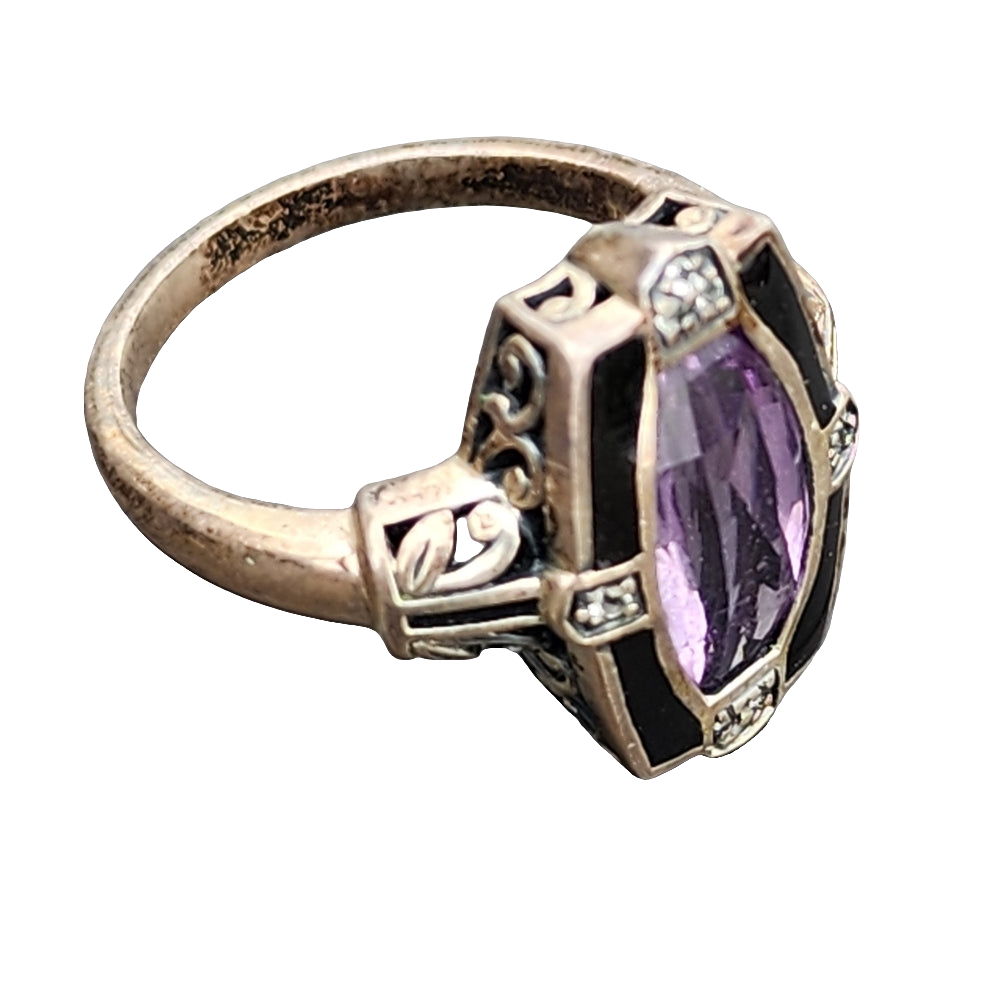 Sterling Silver purple Amethyst black enamel ring size 7.75 unisex fine Jewelry